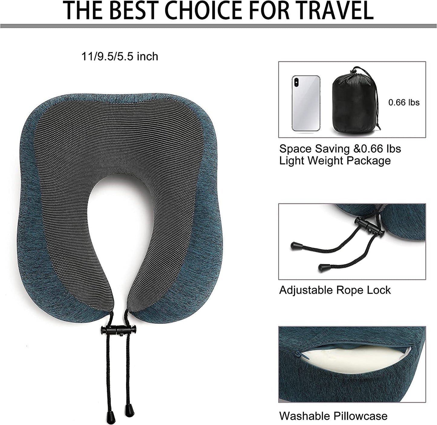 Travel Pillow, 100% Memory Foam Neck Pillow with Comfortable Breathable Cover, Airplane Travel Kit Cooling Pillow with 3D Eye Mask, Ear Plugs and Organizer Bag, Machine Washable, Grey/Blue (Green) - FitPulseTravel Pillow, 100% Memory Foam Neck Pillow with Comfortable Breathable Cover, Airplane Travel Kit Cooling Pillow with 3D Eye Mask, Ear Plugs and Organizer Bag, Machine Washable, Grey/Blue (Green)