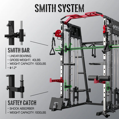 Smith Machine Home Gym, 2200 Lbs Power Rack Cage with Cable Crossover, Weight Bar, 360° Landmine, Barbell Holders and Other Attachments, Total Body Strength Training Cage - FitPulseSmith Machine Home Gym, 2200 Lbs Power Rack Cage with Cable Crossover, Weight Bar, 360° Landmine, Barbell Holders and Other Attachments, Total Body Strength Training Cage