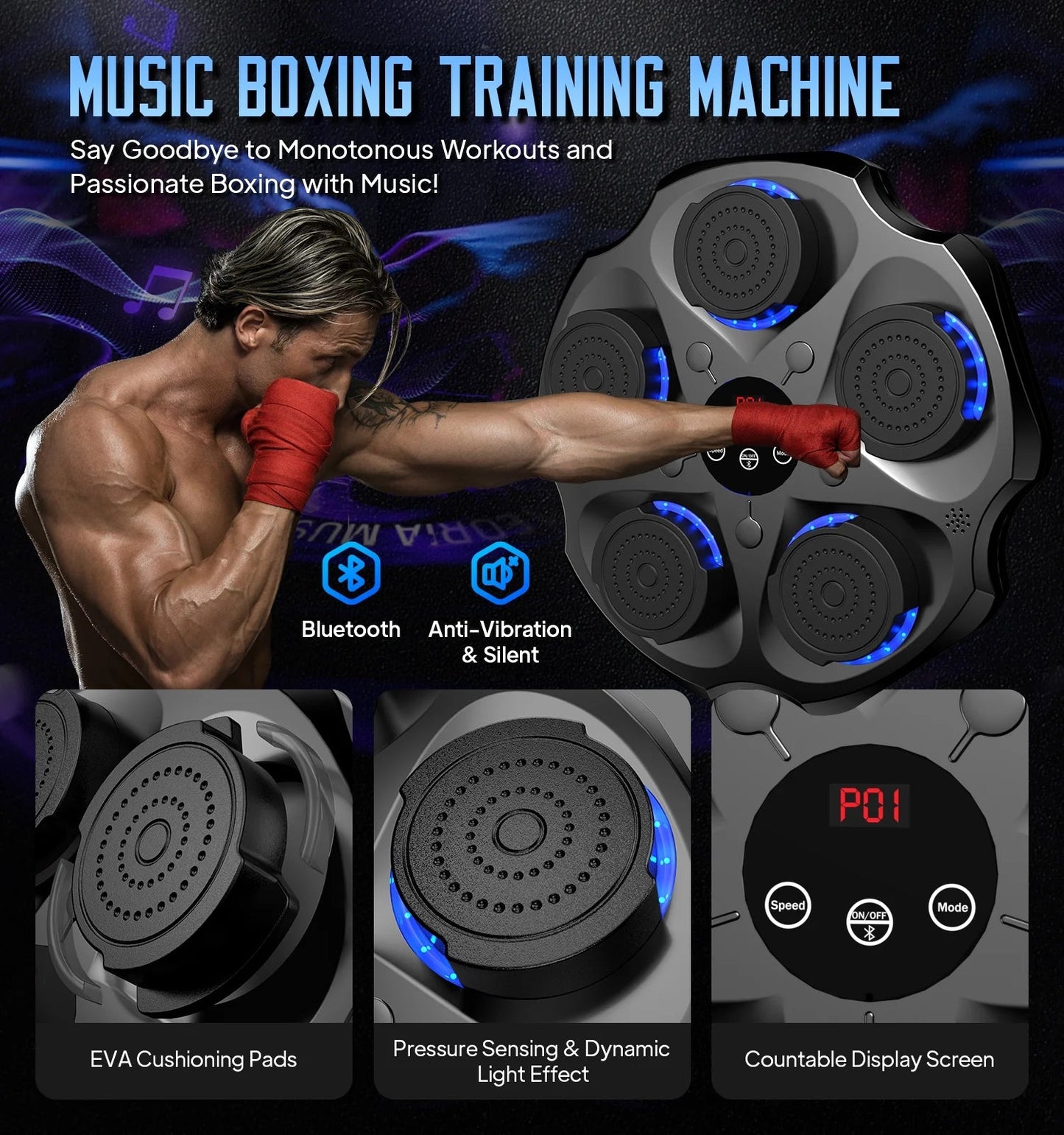 Music Boxing Machine with Boxing Gloves, Wall Mounted Smart Bluetooth Music Boxing Trainer, Electronic Boxing Target Workout Punching Equipment for Home, Indoor and Gym - FitPulseMusic Boxing Machine with Boxing Gloves, Wall Mounted Smart Bluetooth Music Boxing Trainer, Electronic Boxing Target Workout Punching Equipment for Home, Indoor and Gym