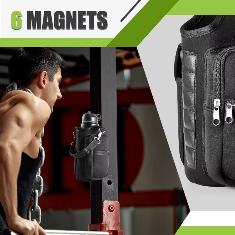 Magnetic Water Bottle Holder Gym Water Bottle Carrier Bag W/ Phone Pocket Handle Shoulder Strap 6 Built - In Magnets Water Bottle - FitPulseMagnetic Water Bottle Holder Gym Water Bottle Carrier Bag W/ Phone Pocket Handle Shoulder Strap 6 Built - In Magnets Water Bottle