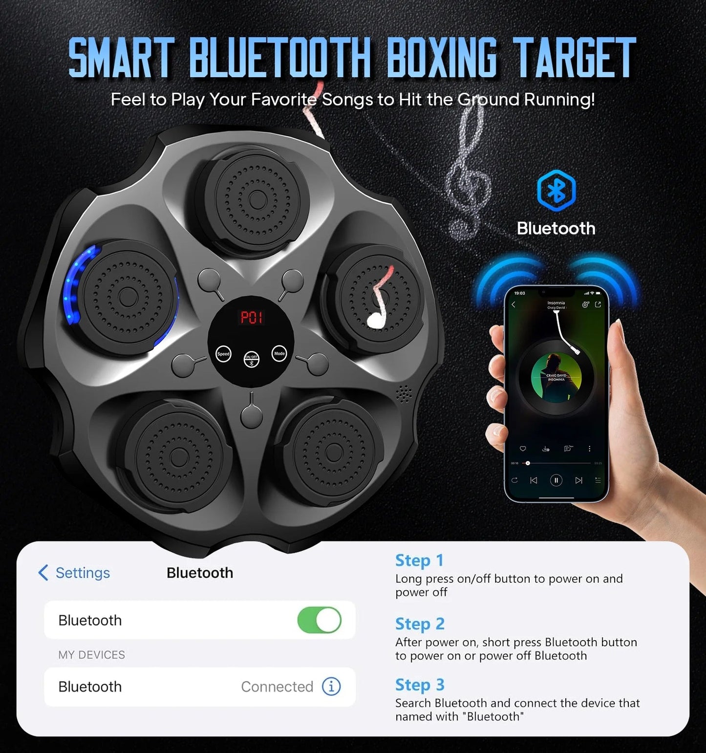 Music Boxing Machine with Boxing Gloves, Wall Mounted Smart Bluetooth Music Boxing Trainer, Electronic Boxing Target Workout Punching Equipment for Home, Indoor and Gym - FitPulseMusic Boxing Machine with Boxing Gloves, Wall Mounted Smart Bluetooth Music Boxing Trainer, Electronic Boxing Target Workout Punching Equipment for Home, Indoor and Gym