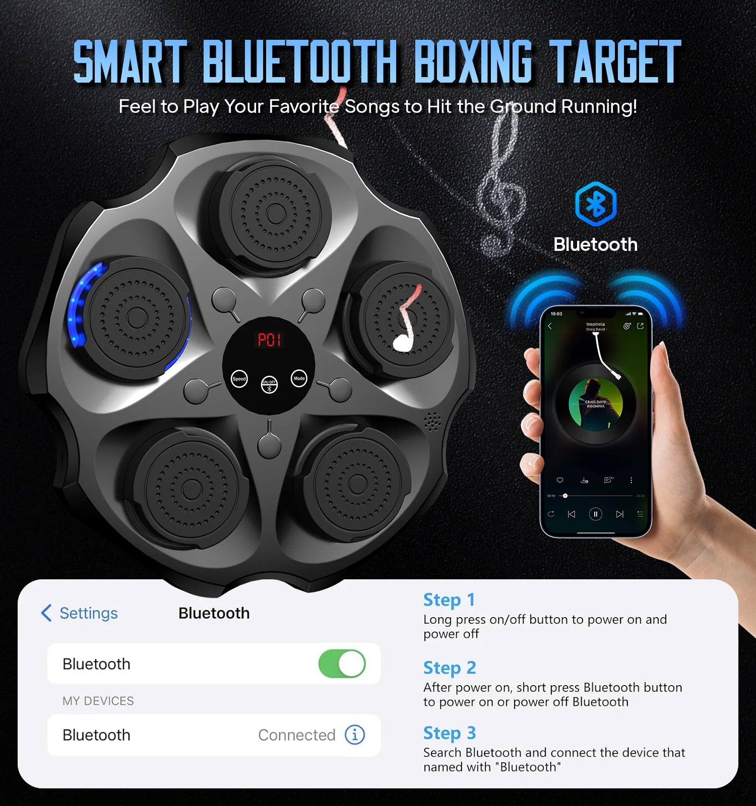 Music Boxing Machine with Boxing Gloves, Wall Mounted Smart Bluetooth Music Boxing Trainer, Electronic Boxing Target Workout Punching Equipment for Home, Indoor and Gym - FitPulseMusic Boxing Machine with Boxing Gloves, Wall Mounted Smart Bluetooth Music Boxing Trainer, Electronic Boxing Target Workout Punching Equipment for Home, Indoor and Gym