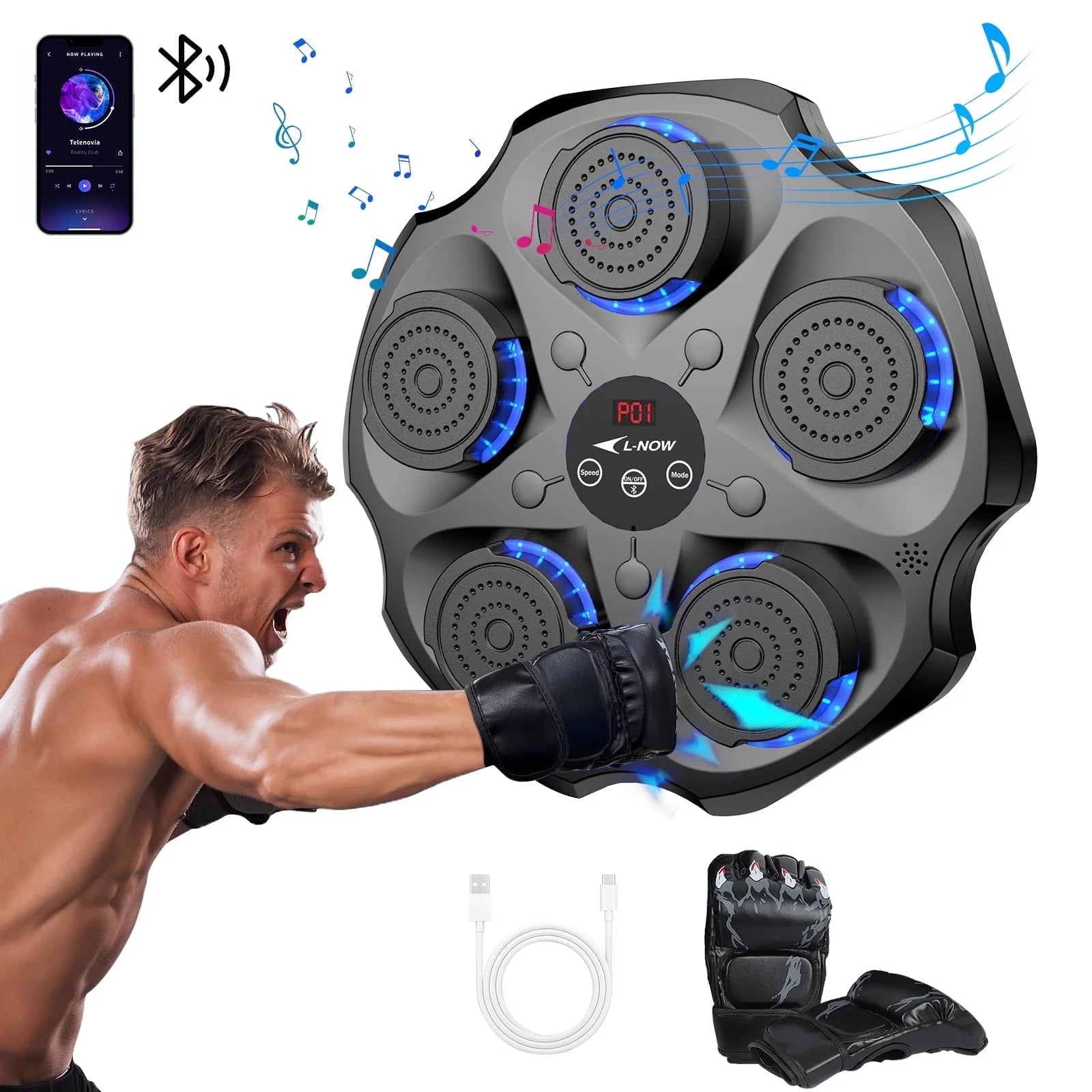 Music Boxing Machine with Boxing Gloves, Wall Mounted Smart Bluetooth Music Boxing Trainer, Electronic Boxing Target Workout Punching Equipment for Home, Indoor and Gym - FitPulseMusic Boxing Machine with Boxing Gloves, Wall Mounted Smart Bluetooth Music Boxing Trainer, Electronic Boxing Target Workout Punching Equipment for Home, Indoor and Gym