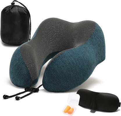 Travel Pillow, 100% Memory Foam Neck Pillow with Comfortable Breathable Cover, Airplane Travel Kit Cooling Pillow with 3D Eye Mask, Ear Plugs and Organizer Bag, Machine Washable, Grey/Blue (Green) - FitPulseTravel Pillow, 100% Memory Foam Neck Pillow with Comfortable Breathable Cover, Airplane Travel Kit Cooling Pillow with 3D Eye Mask, Ear Plugs and Organizer Bag, Machine Washable, Grey/Blue (Green)