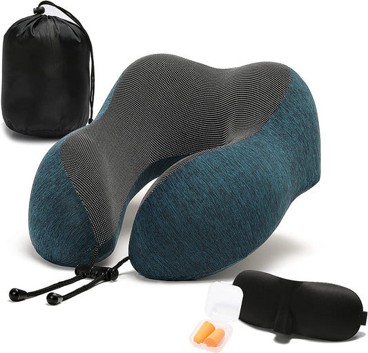 Travel Pillow, 100% Memory Foam Neck Pillow with Comfortable Breathable Cover, Airplane Travel Kit Cooling Pillow with 3D Eye Mask, Ear Plugs and Organizer Bag, Machine Washable, Grey/Blue (Green) - FitPulseTravel Pillow, 100% Memory Foam Neck Pillow with Comfortable Breathable Cover, Airplane Travel Kit Cooling Pillow with 3D Eye Mask, Ear Plugs and Organizer Bag, Machine Washable, Grey/Blue (Green)